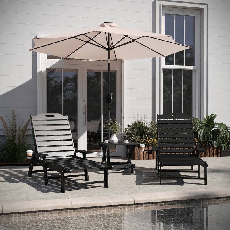 3pc Commercial Indoor/Outdoor Adirondack Set with 2 Loungers, Side Table - Black
