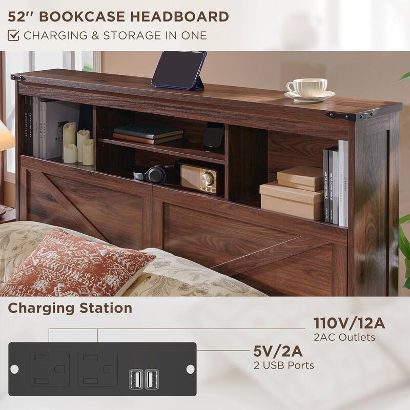 Farmhouse King Size Wood Bed Frame with Storage Headboard and Drawers