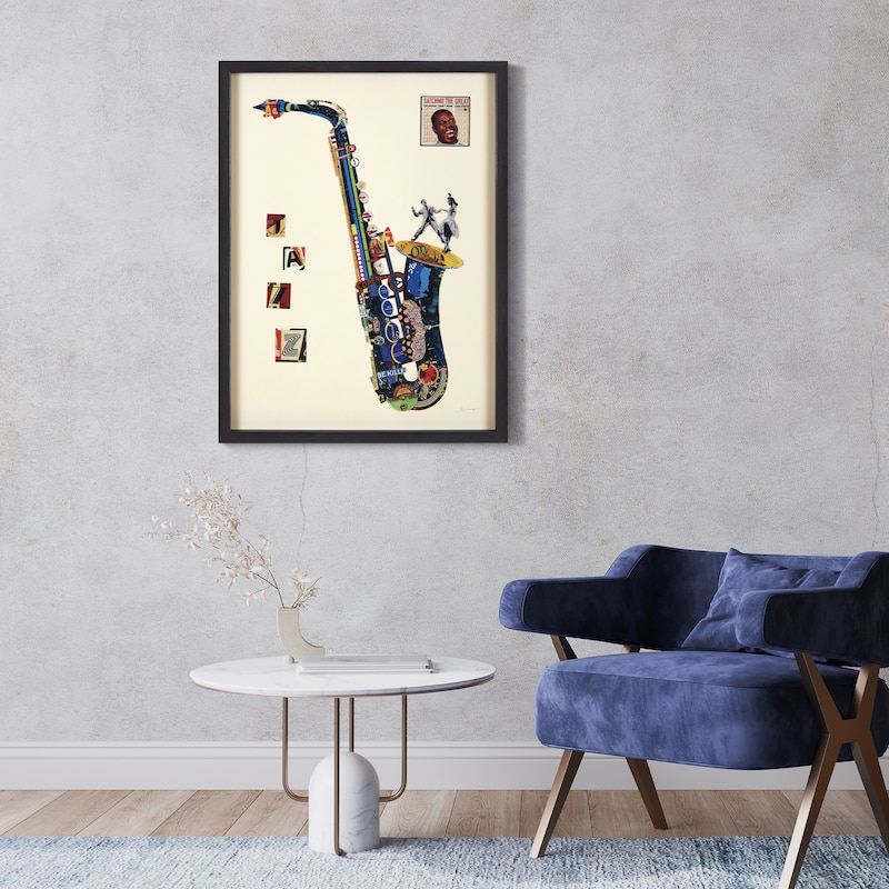 "Saxphone" Dimensional Collage Framed Graphic Art Under Glass Wall Art