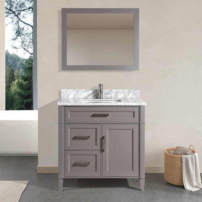 Vanity Art 36-Inch Single Sink Bathroom Vanity Set Carrara Marble Stone Top 3 Drawers 1 Shelf Undermount Sink with Free Mirror