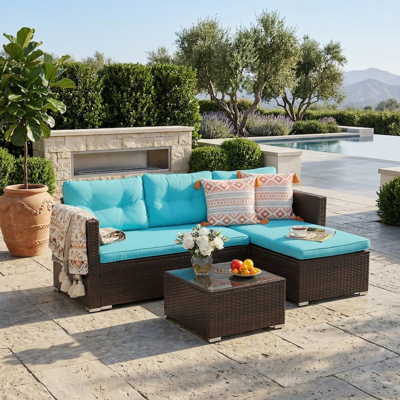 L-Shaped Outdoor Sectional Sofa, PE Wicker Patio Sofa Set with Table and Cushions