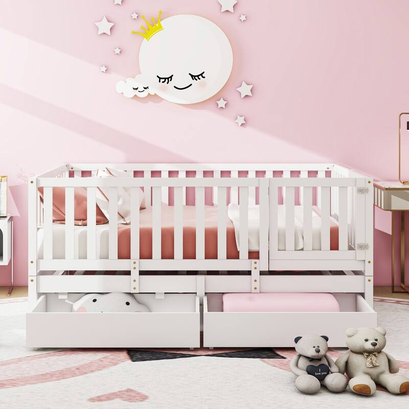Full Size Wood Daybed with Fence Guardrails and 2 Drawers