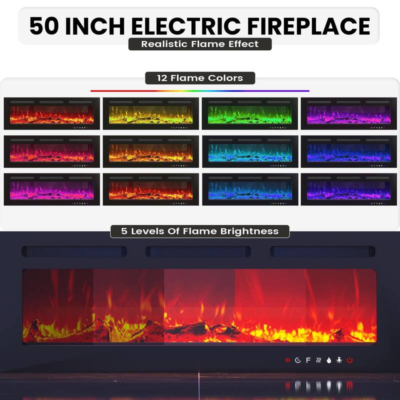 Traditional 70" TV Stand with 50" Electric Fireplace, Light Strips, Sockets, Open Shelves, and Cabinets for TVs up to 80"