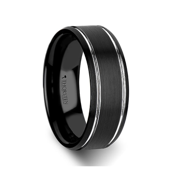 Nocturne Beveled Black Tungsten Carbide Band With Brushed Finish And Polished Grooves