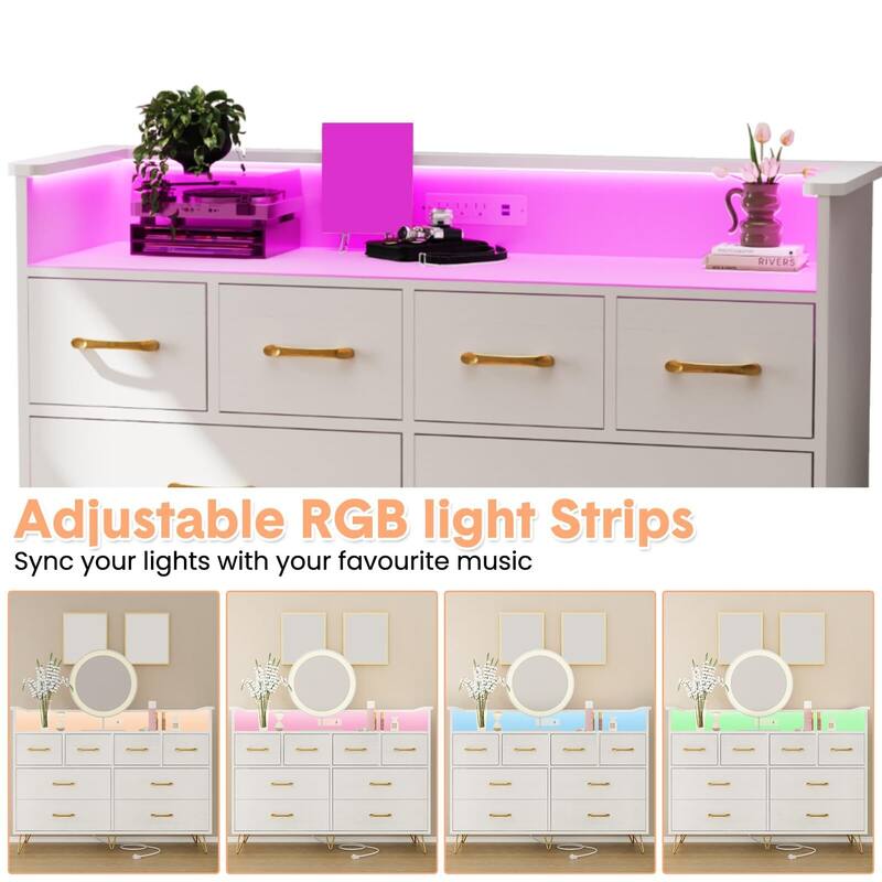 8 Drawer Wood Dresser, with Power Outlet and LED Lights