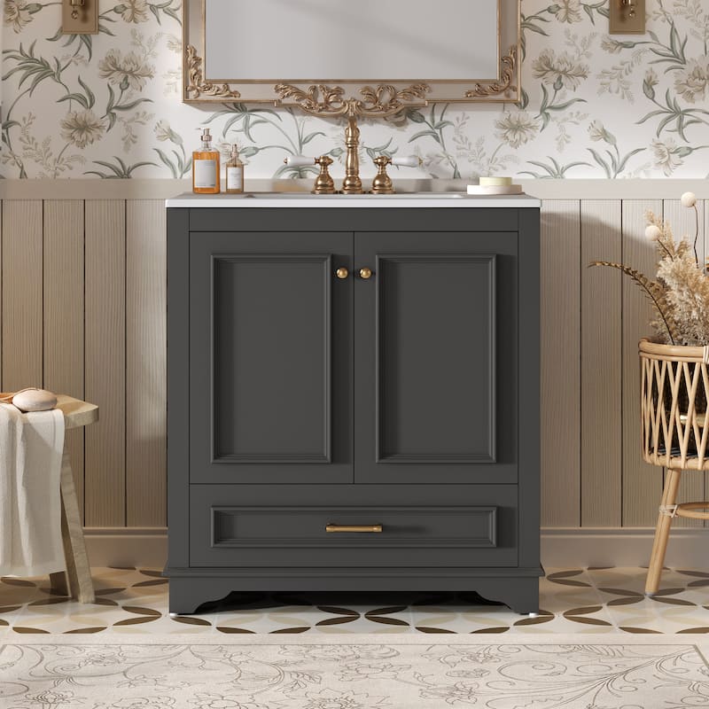 30'' Freestanding Bathroom Vanity with Single White Integrated Ceramic Sink - 30.5'' x 18.4'' x 33.9'' - Black