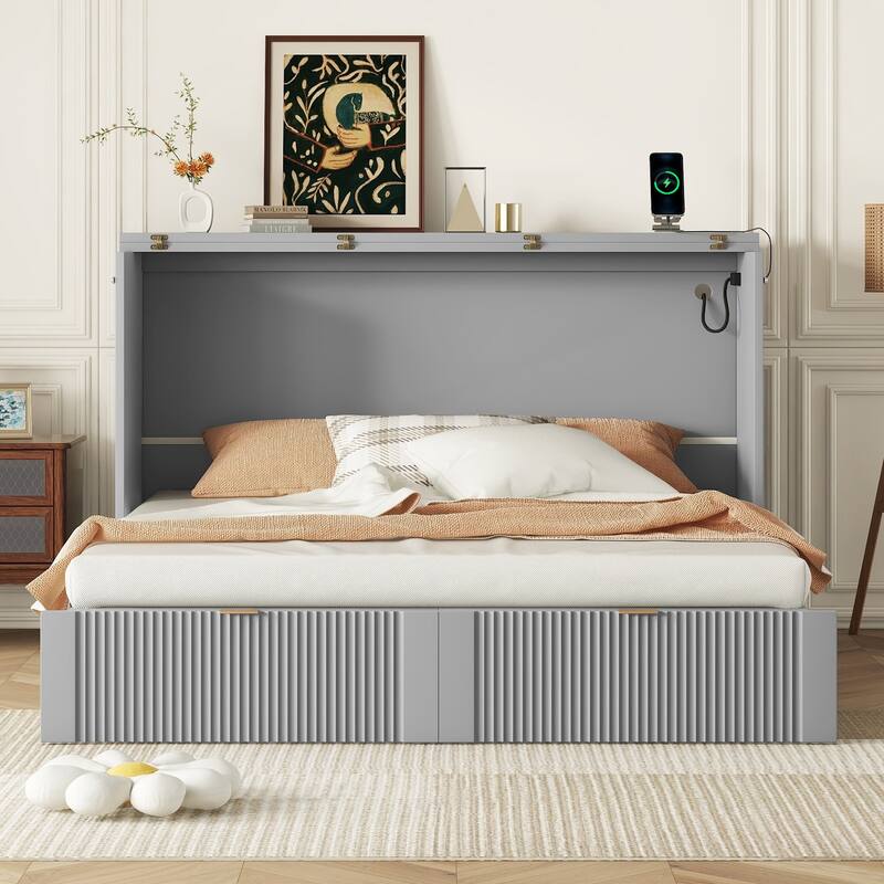 Murphy Bed with Pulley Structure Design,Drawer and USB Ports for Bedroom