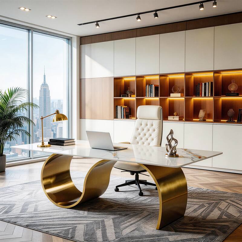 Luxury 78.7" Sintered Stone Office Executive Desk with Stainless Steel Base