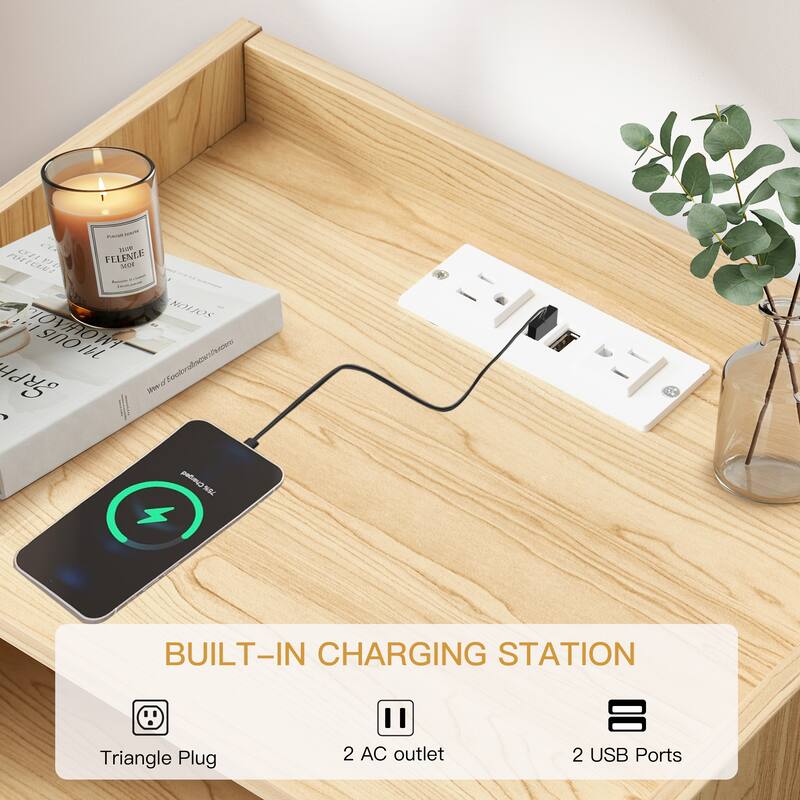 EROMMY Modern Nightstand with Charging Station Fluted Bedside Table USB Ports Storage Drawer
