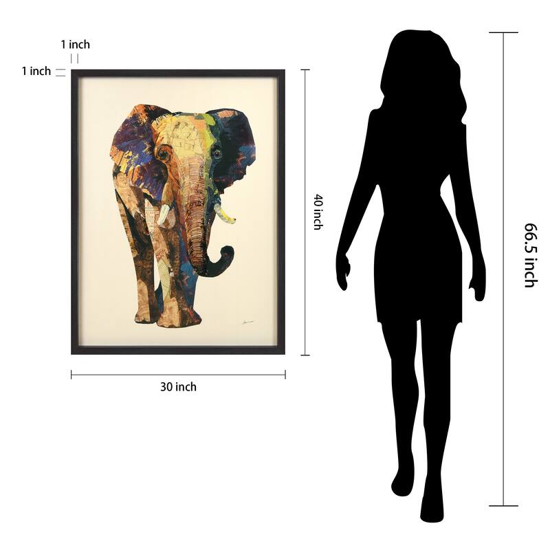 "Elephant" Hand-made Dimensional Wall Art Collage, under glass, encased on a black frame