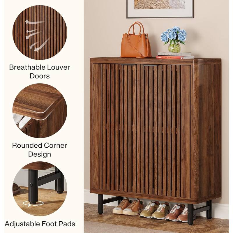 6-Tier Shoe Cabinet with Shutter Doors Adjustable Shelves Wooden Storage Cabinet for Entryway/Hallway/Closet/Living Room