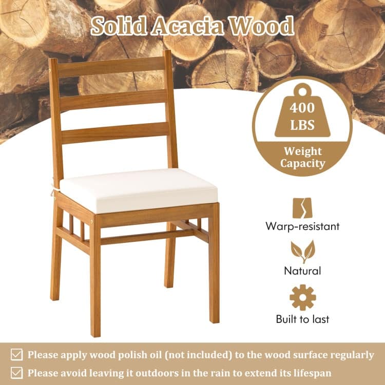 Natural Off-White Acacia Wood Dining Chairs Set of 2 with Cushions Outdoor - 18" x 21.5" x 34"