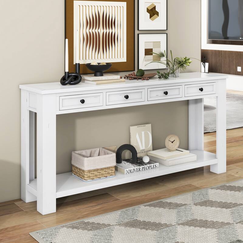 Rustic Wood Console Table Entry Hallway Table, 63" Rectangular Sofa Side Table with 4 Storage Drawers and Bottom Shelf