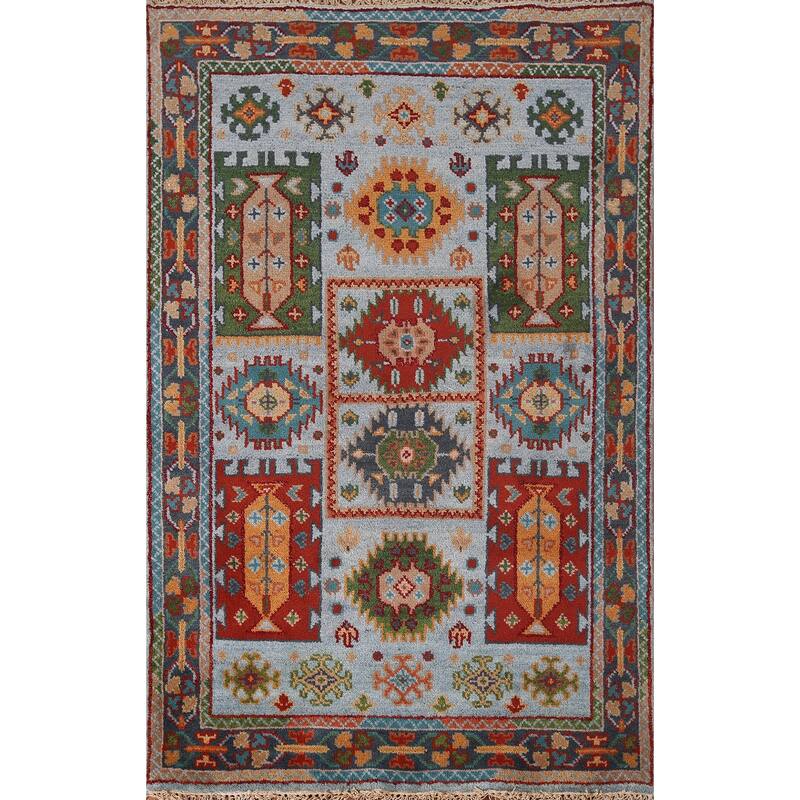 Blue Geometric Oushak Oriental Area Rug Hand-Knotted Wool Carpet - 3'11"x 5'11"