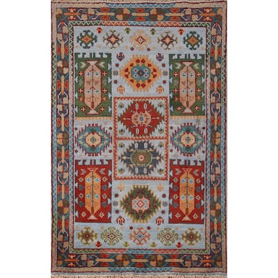 Blue Geometric Oushak Oriental Area Rug Hand-Knotted Wool Carpet - 3'11"x 5'11"