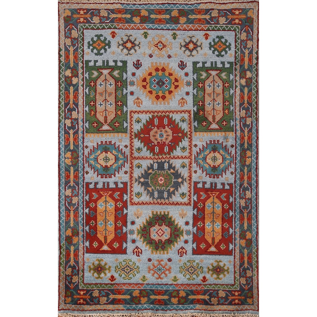 Blue Geometric Oushak Oriental Area Rug Hand-Knotted Wool Carpet - 3'11"x 5'11"