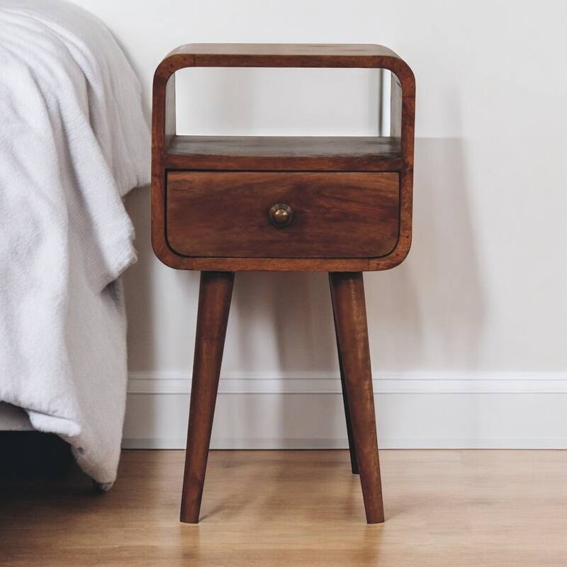 Artisan Furniture Solid Wood Mini Honey Caramel Curved Bedside with Open Slot, Brown with 1 Drawer