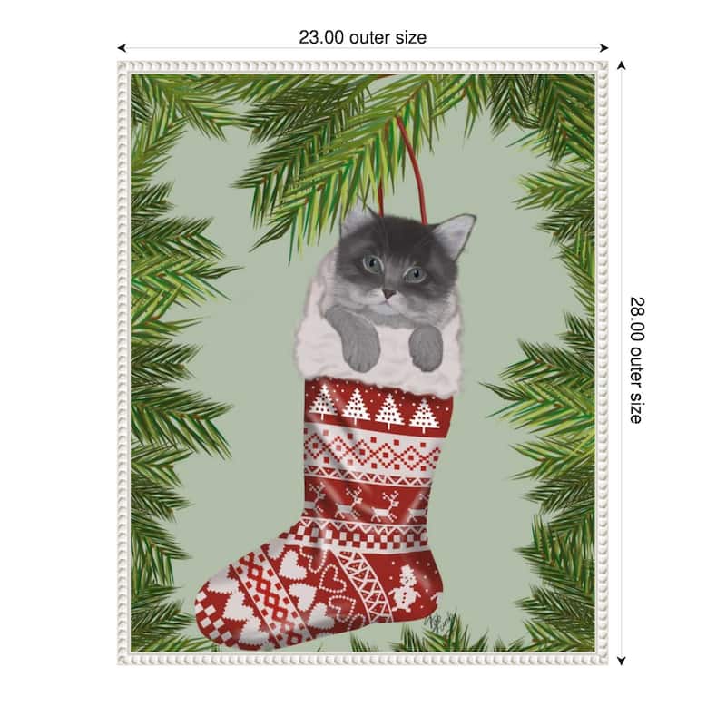 Grey Kitten in Christmas Stocking by Fab Funky (23 x 28 in.), Framed Canvas Wall Art Print - Sylvie Beaded White