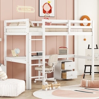 White Twin Size Wood Loft Bed with Desk, Storage, and Ladder