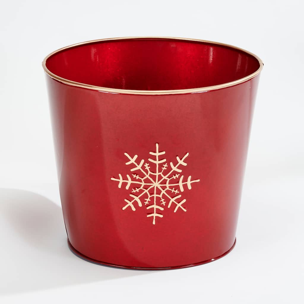 Red Galvanized Metal Christmas Planter Bucket with Snowflake Design, 10.5" Height, 12" Diameter, Set of 2 - 10.5
