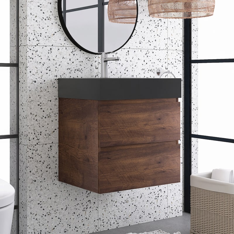 Floating Bathroom Vanity with Black Solid Surface Top