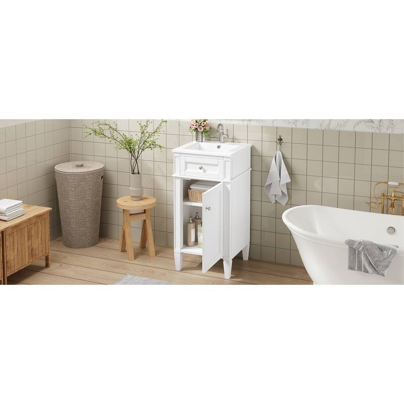16" Bathroom Vanity with Ceramic Sink, Freestanding Single Vanity Set with Soft Closing Door, Adjustable Shelf, French Style