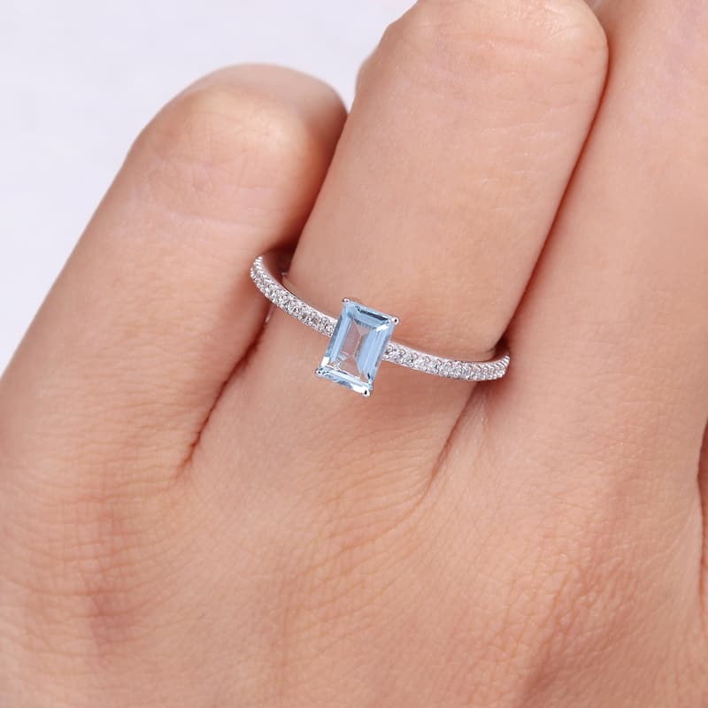 Miadora 10k White Gold Octagon-cut Blue Topaz and 1/10ct TDW Diamond Birthstone Ring