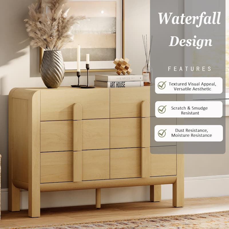 WAMPAT Mid Century Wood 6 Drawer Dresser For Bedroom, Modern Chest Of Drawers With Curved Profile Design