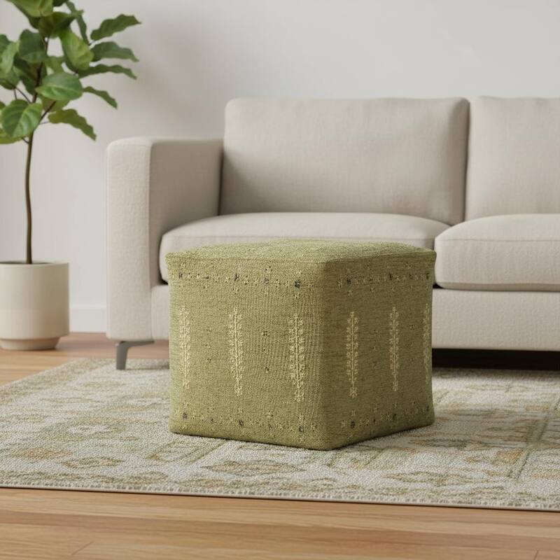 HomeRoots 18" Green Cotton Blend Boho Pouf Ottoman - Green - 18.00 in. x 18.00 in.  x 18.00 in.