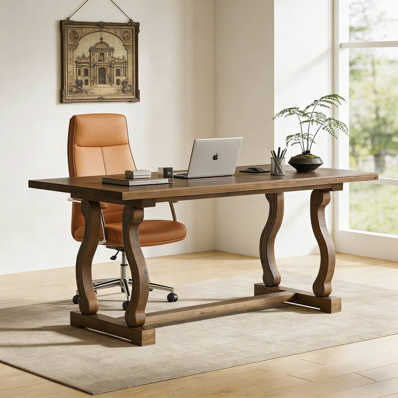 63" Solid Wood Office Executive Desk with Diamond Parquetry Top and Scroll Legs