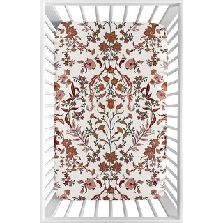 Sweet Jojo Designs Ivory Orange Boho Vintage Floral Girl Fitted Mini Portable Crib Sheet Bohemian Botanical Flower Green Fringe