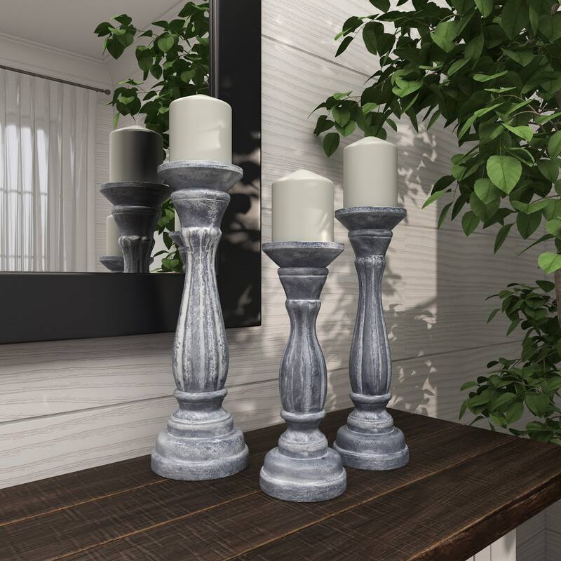 Gray, Green, Brown or Blue Wooden Distressed Turned Decorative Candle Holder (Set of 3)