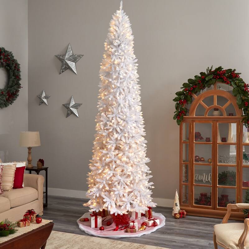 11ft White Christmas Tree Pre-Lit - Slim Artificial Tree with Warm White Lights & Bendable Branches - 132