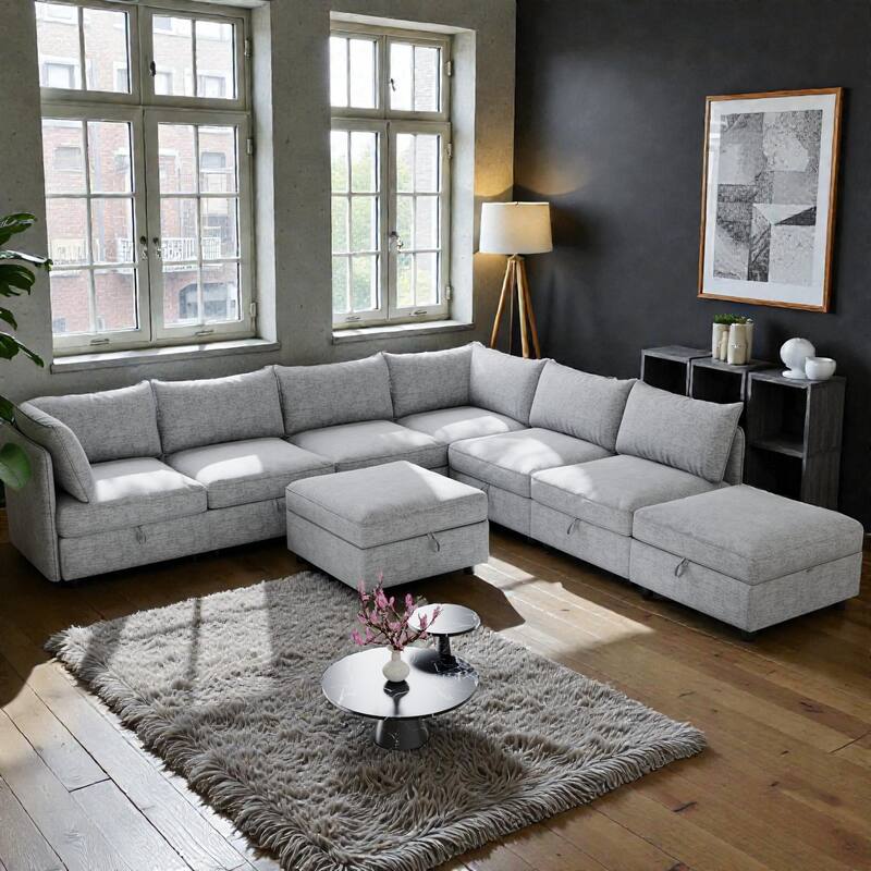 Modular Sectional Sofa with Storage, 8-Seat Convertible Sleeper Sofa Set, Chenille Flexible Modular Combination - Grey