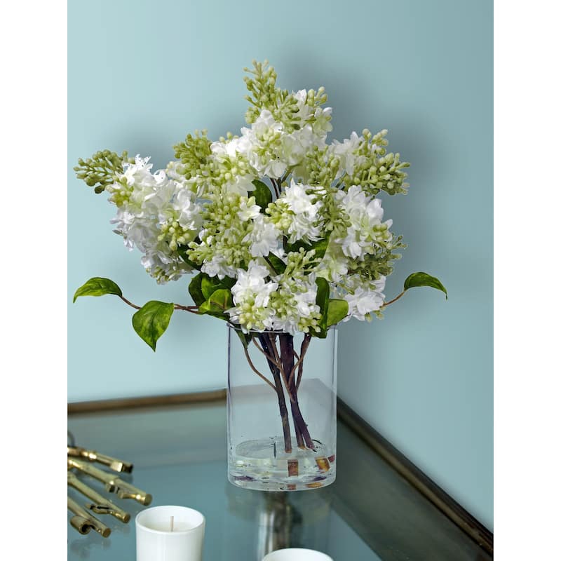 Silk Flower Arrangement Lilac Vase Decor - Faux Lilacs Home Decor Centerpiece - 9" x 9" x 15" - 15