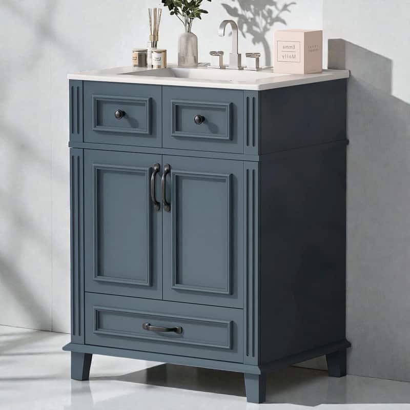 24" Solid Wood Frame Bathroom Vanity with Ceramic Sink and Soft-Close Doors