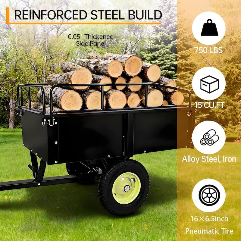 Heavy Duty ATV Trailer Steel Dump Cart, Garden Utility Trailer Yard Trailers 750 lbs Capacity