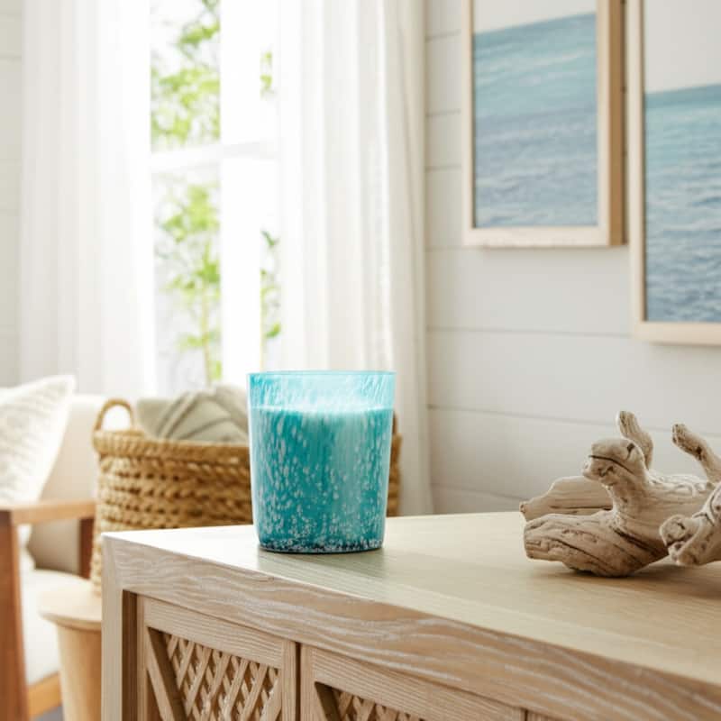 Modern Glass and Wax Decorative Candle with Artisanal Swirl Design - 7" x 7" x 8.5"