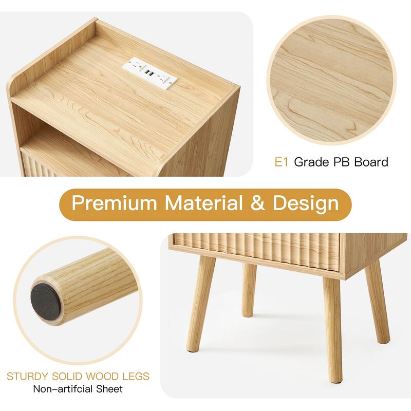EROMMY Modern Nightstand with Charging Station Fluted Bedside Table USB Ports Storage Drawer