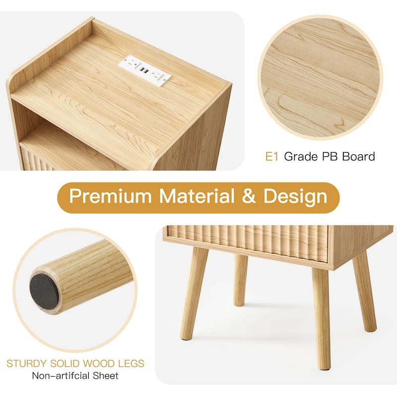 Modern Fluted Nightstand Set of 2 with USB Charging Station, Drawer and Open Storage Shelf