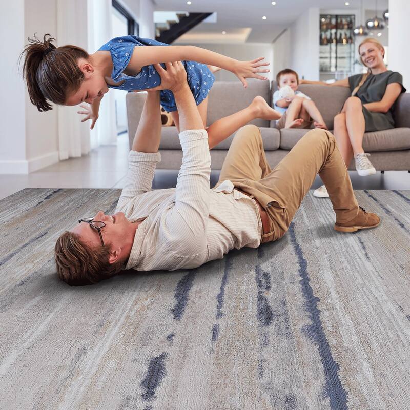 LOOM & LUXE Collection Ivory/Blue/Striped Non-Shedding Area Rug