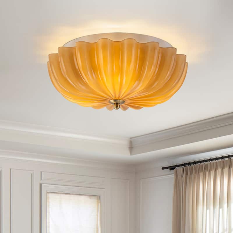 Caramel Brown Art Glass Flower Scalloped Round Ceiling Light - 11.8 Inches