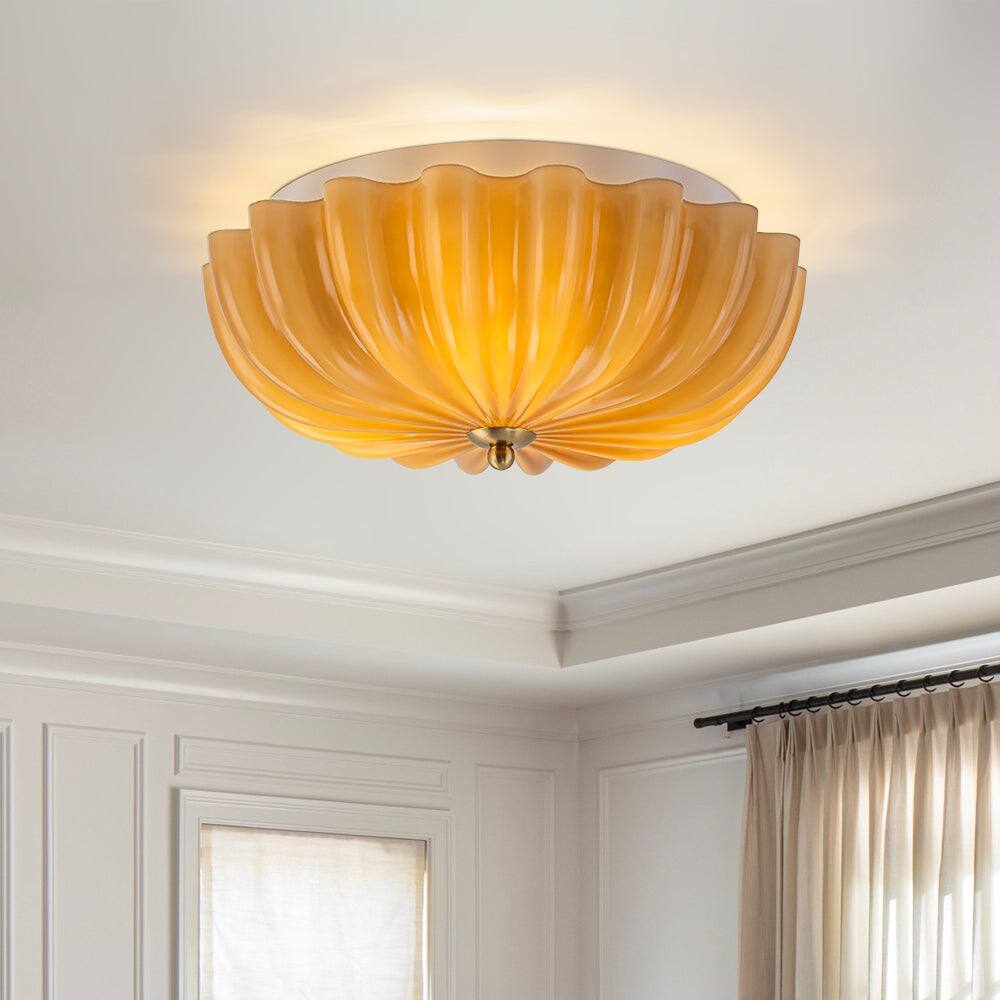 Caramel Brown Art Glass Flower Scalloped Round Ceiling Light - 11.8 Inches