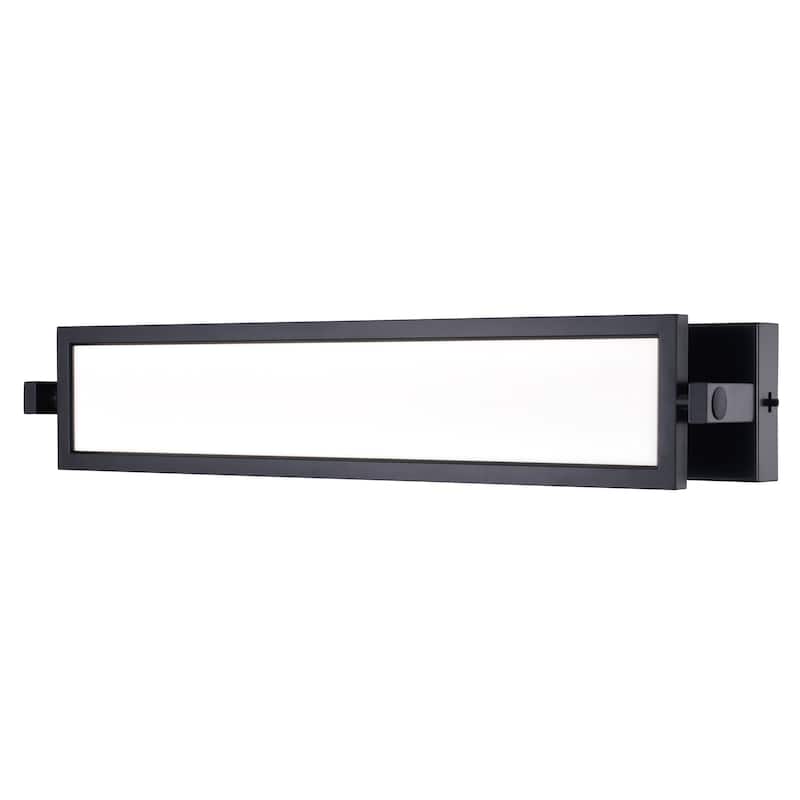 Fremont 1-Light 27 inch Wide Matte Black Bathroom Vanity Lighting Fixture, Adjustable Angle Frosted Shade, LED, Full Backplate