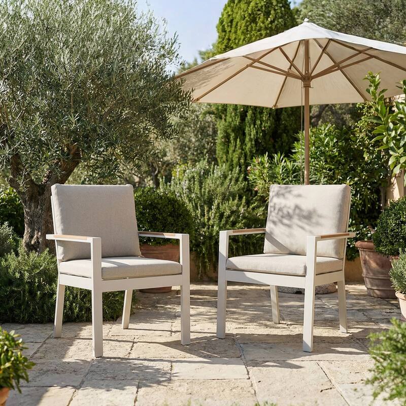 Outdoor Aluminum Dining Chair, Rust-Proof Patio Dining Chairs with Removable Cushions & Faux Wood Armrests - 2 Pieces Champagne