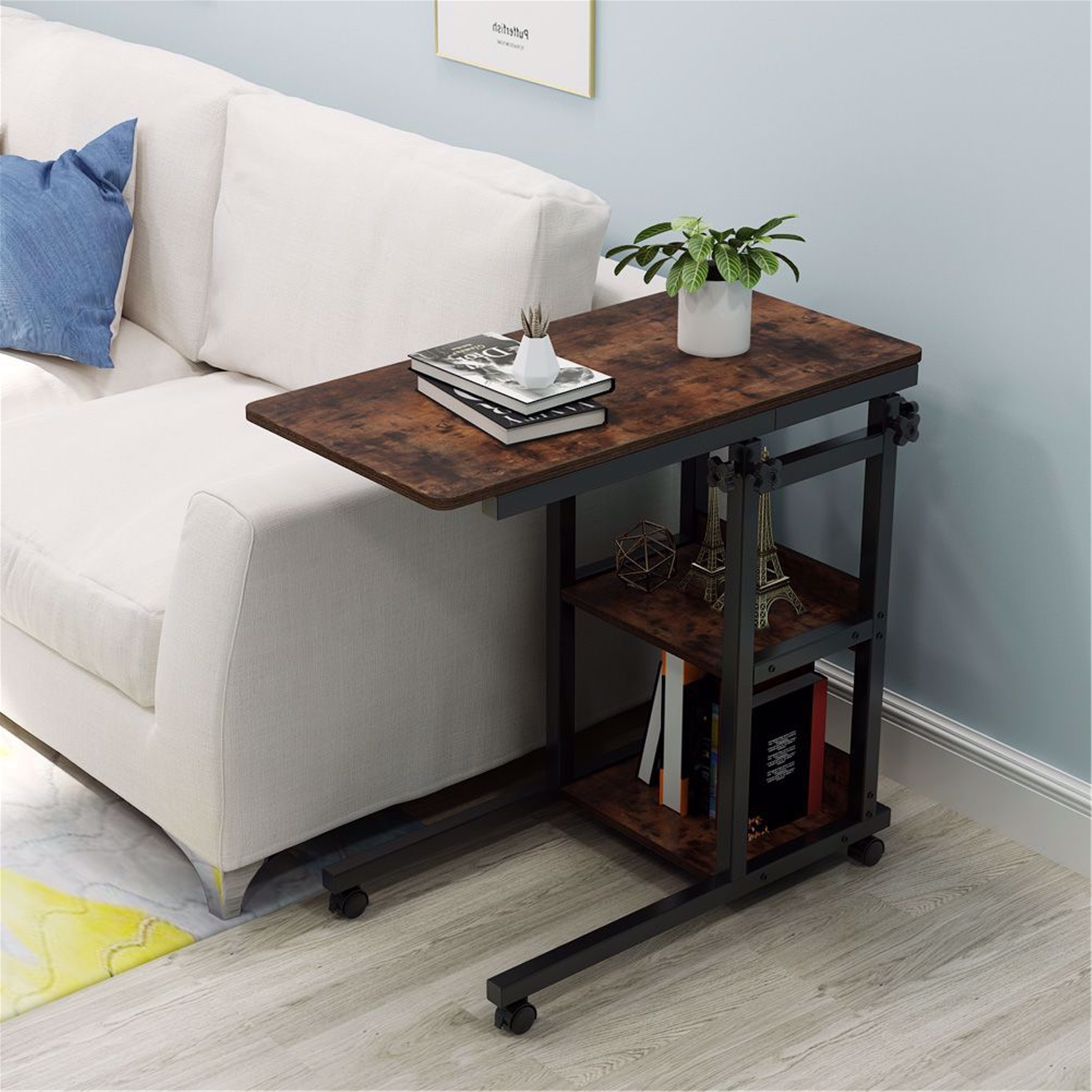 Snack Side Table, Mobile End Table Height Adjustable Bedside Table
