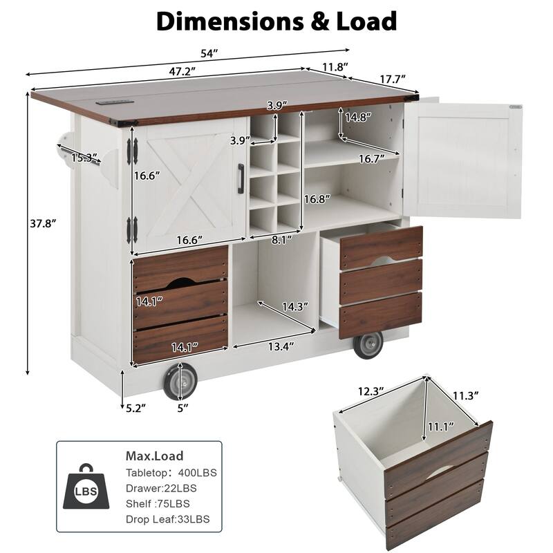 54" Farmhouse Kitchen Island with Drop Leaf, Power Outlet, Kitchen Storage Cart with 2 Doors, 2 Drawers, Rolling