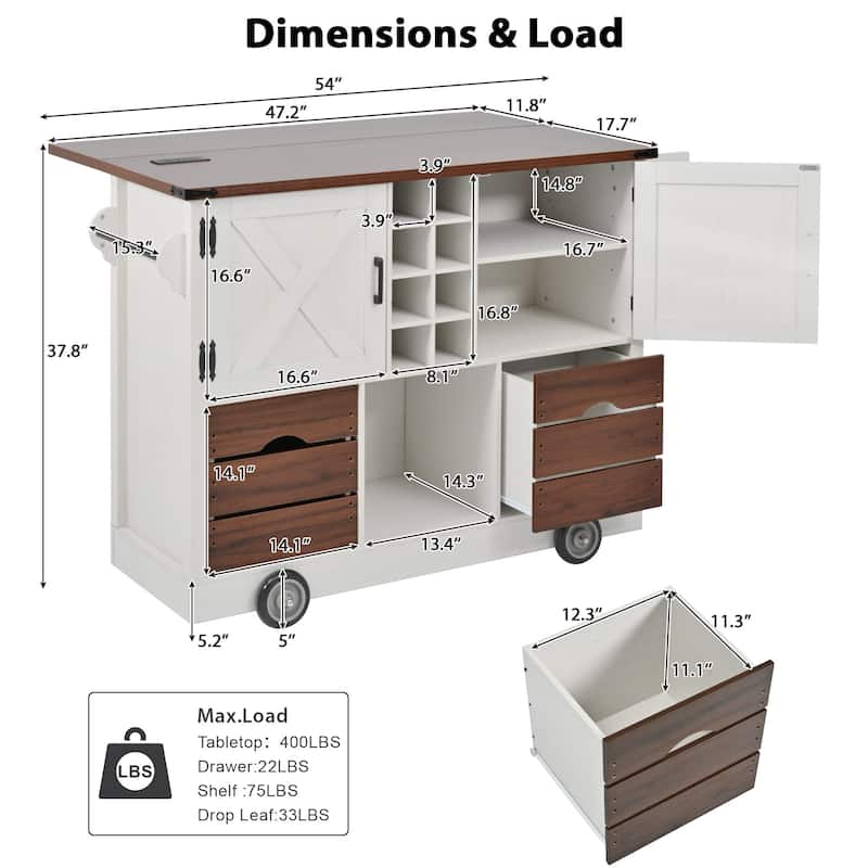 Kitchen Island with Drop Leaf, 2 Doors & 2 Drawers, Rolling Kitchen Island on 4 Wheels, Kitchen Storage Cart with Power Outlet