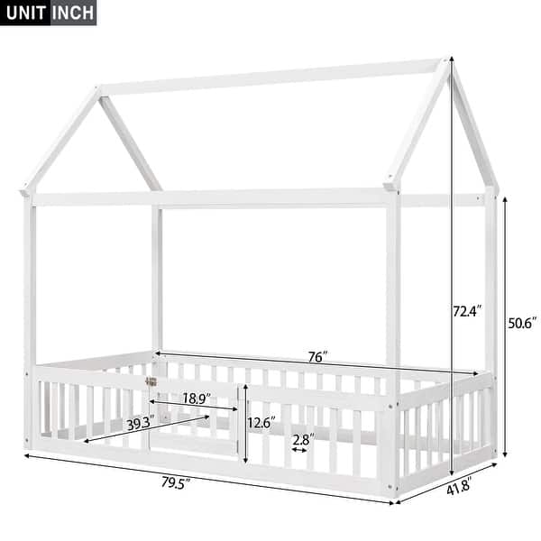 White Pine Wood House Bed with Fence, Door, and Solid Construction