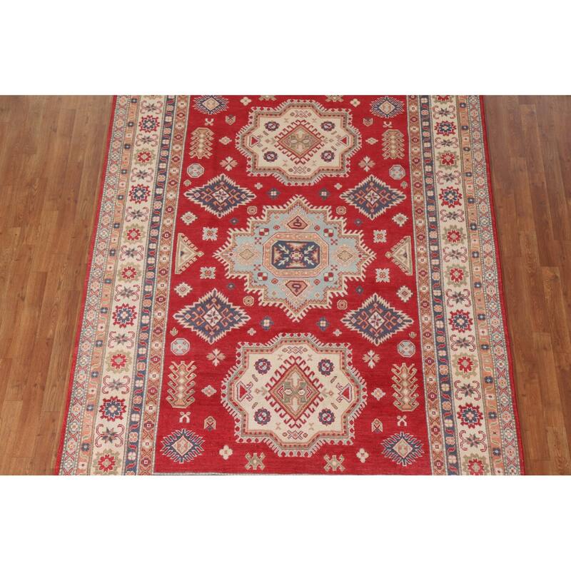 Hand Knotted Oriental 100% Wool Carpet Traditional Geometric Red Kazak Area Rug - 9' 10'' X 6' 7''